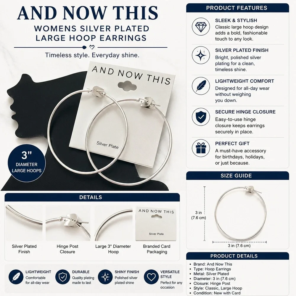 And Now This Womens Silver Plated 3 Inch Large Hoop Earrings Polished Hinge Post